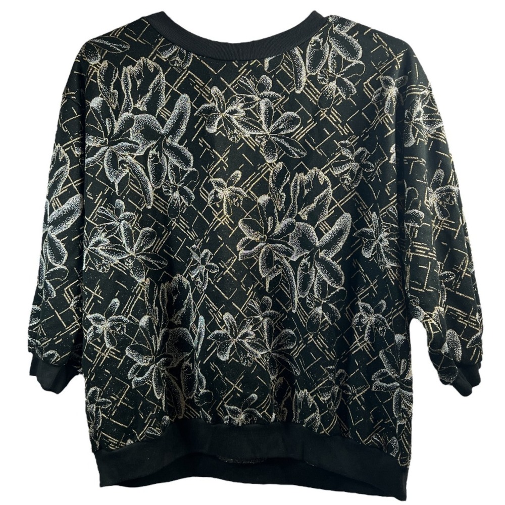 Retro Vicki Wayne's Sweater 3X Black Silver Gold Metallic Lurex Floral Blouse‎